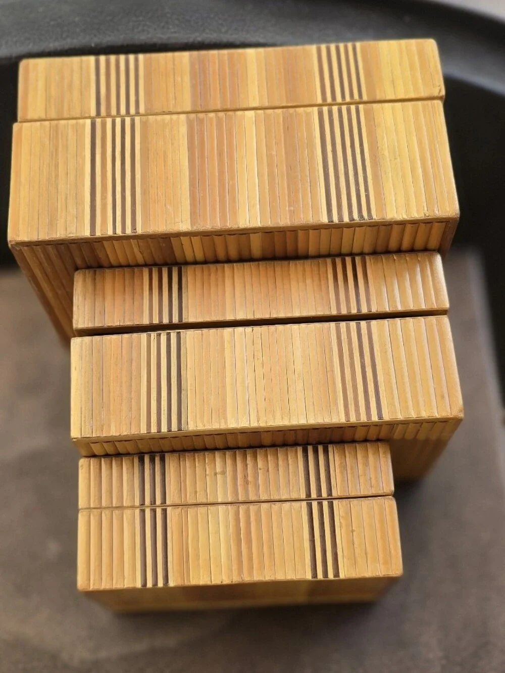 Vintage Mid-Century Modern MCM stackable nesting bamboo oyster shell pyrography